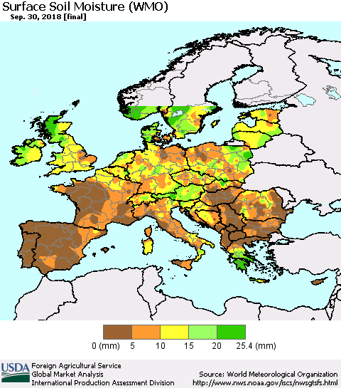 Europe Surface Soil Moisture (WMO) Thematic Map For 9/24/2018 - 9/30/2018