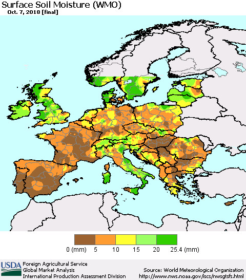 Europe Surface Soil Moisture (WMO) Thematic Map For 10/1/2018 - 10/7/2018
