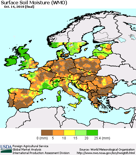 Europe Surface Soil Moisture (WMO) Thematic Map For 10/8/2018 - 10/14/2018