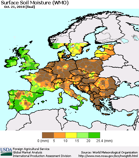 Europe Surface Soil Moisture (WMO) Thematic Map For 10/15/2018 - 10/21/2018