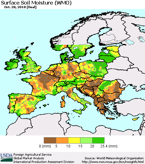 Europe Surface Soil Moisture (WMO) Thematic Map For 10/22/2018 - 10/28/2018