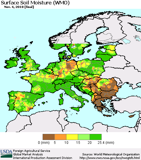 Europe Surface Soil Moisture (WMO) Thematic Map For 10/29/2018 - 11/4/2018