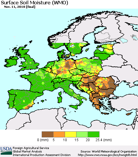 Europe Surface Soil Moisture (WMO) Thematic Map For 11/5/2018 - 11/11/2018