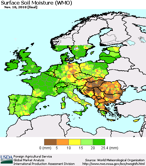 Europe Surface Soil Moisture (WMO) Thematic Map For 11/12/2018 - 11/18/2018