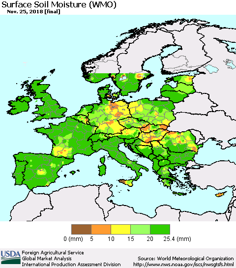 Europe Surface Soil Moisture (WMO) Thematic Map For 11/19/2018 - 11/25/2018