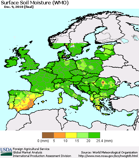 Europe Surface Soil Moisture (WMO) Thematic Map For 12/3/2018 - 12/9/2018