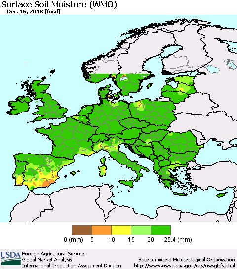 Europe Surface Soil Moisture (WMO) Thematic Map For 12/10/2018 - 12/16/2018