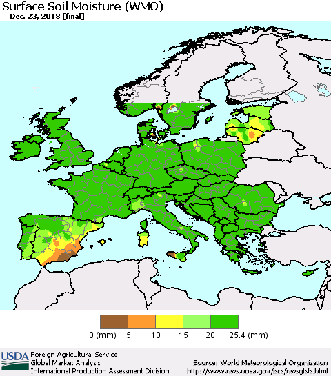 Europe Surface Soil Moisture (WMO) Thematic Map For 12/17/2018 - 12/23/2018