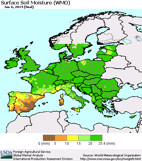 Europe Surface Soil Moisture (WMO) Thematic Map For 12/31/2018 - 1/6/2019