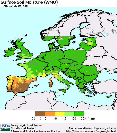 Europe Surface Soil Moisture (WMO) Thematic Map For 1/7/2019 - 1/13/2019