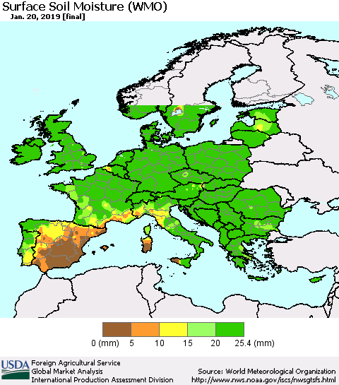 Europe Surface Soil Moisture (WMO) Thematic Map For 1/14/2019 - 1/20/2019