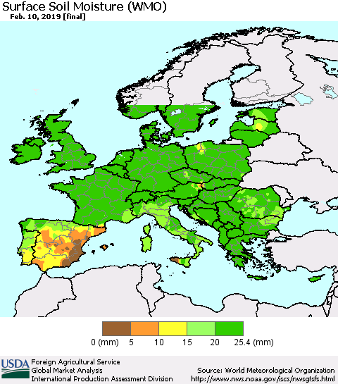 Europe Surface Soil Moisture (WMO) Thematic Map For 2/4/2019 - 2/10/2019