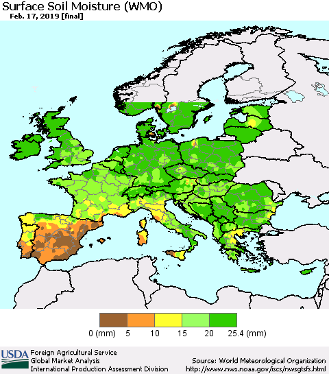 Europe Surface Soil Moisture (WMO) Thematic Map For 2/11/2019 - 2/17/2019