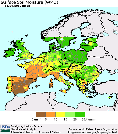 Europe Surface Soil Moisture (WMO) Thematic Map For 2/18/2019 - 2/24/2019
