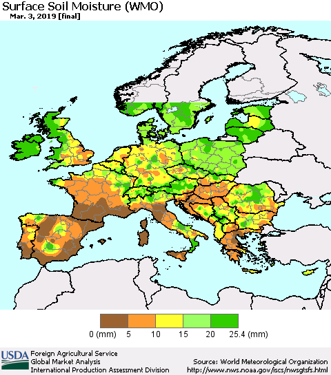 Europe Surface Soil Moisture (WMO) Thematic Map For 2/25/2019 - 3/3/2019
