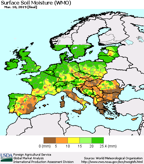 Europe Surface Soil Moisture (WMO) Thematic Map For 3/4/2019 - 3/10/2019