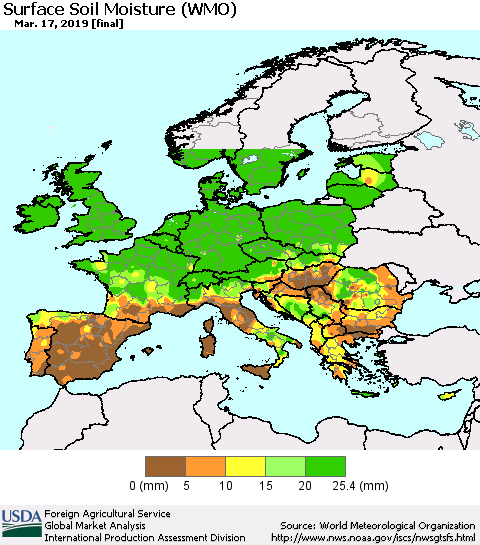 Europe Surface Soil Moisture (WMO) Thematic Map For 3/11/2019 - 3/17/2019