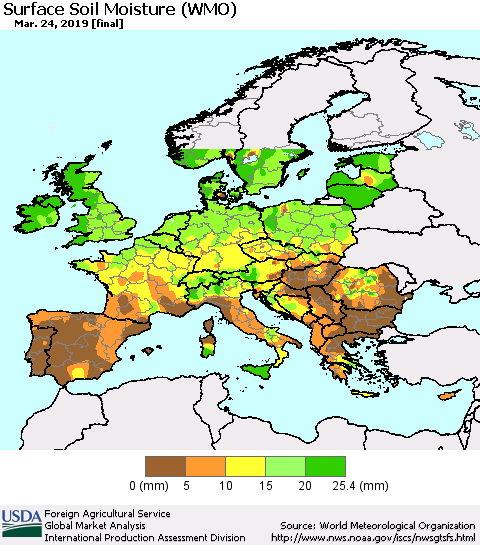 Europe Surface Soil Moisture (WMO) Thematic Map For 3/18/2019 - 3/24/2019