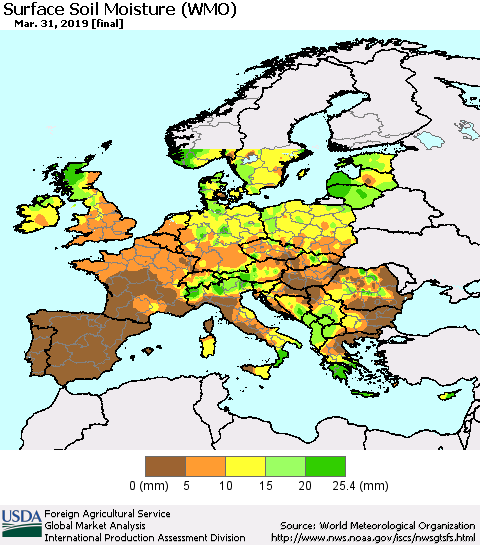 Europe Surface Soil Moisture (WMO) Thematic Map For 3/25/2019 - 3/31/2019