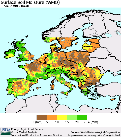 Europe Surface Soil Moisture (WMO) Thematic Map For 4/1/2019 - 4/7/2019