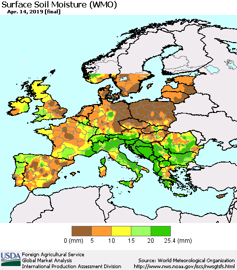 Europe Surface Soil Moisture (WMO) Thematic Map For 4/8/2019 - 4/14/2019