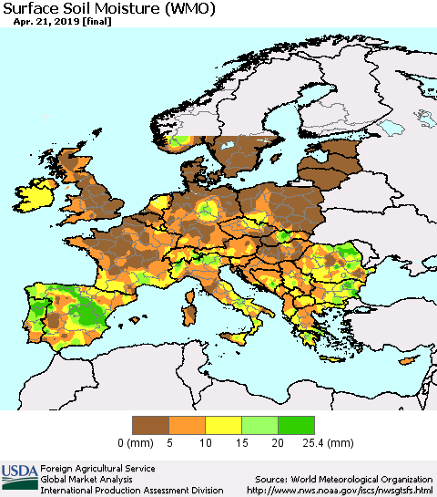 Europe Surface Soil Moisture (WMO) Thematic Map For 4/15/2019 - 4/21/2019