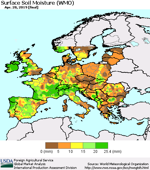Europe Surface Soil Moisture (WMO) Thematic Map For 4/22/2019 - 4/28/2019