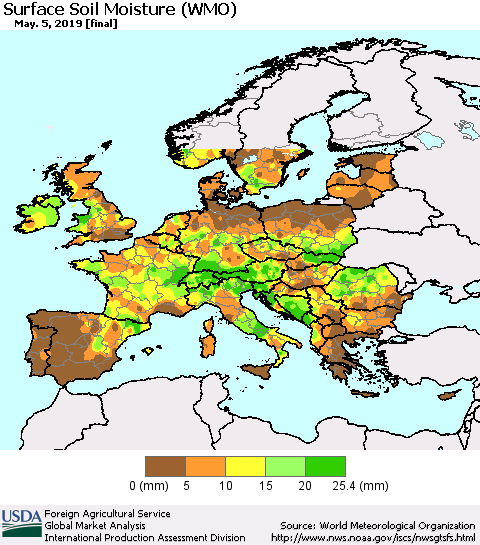 Europe Surface Soil Moisture (WMO) Thematic Map For 4/29/2019 - 5/5/2019
