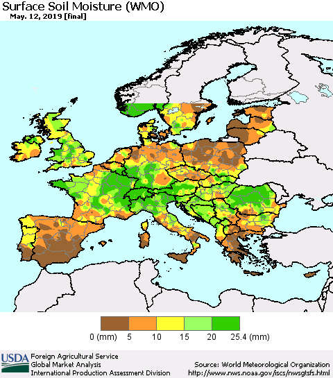 Europe Surface Soil Moisture (WMO) Thematic Map For 5/6/2019 - 5/12/2019