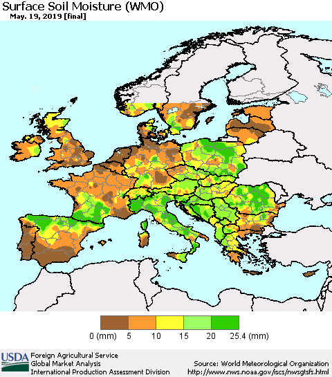 Europe Surface Soil Moisture (WMO) Thematic Map For 5/13/2019 - 5/19/2019