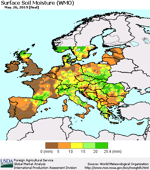 Europe Surface Soil Moisture (WMO) Thematic Map For 5/20/2019 - 5/26/2019