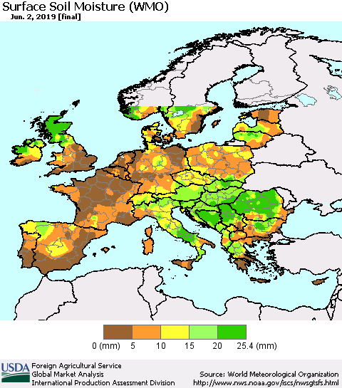 Europe Surface Soil Moisture (WMO) Thematic Map For 5/27/2019 - 6/2/2019