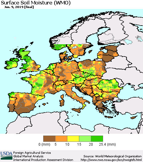 Europe Surface Soil Moisture (WMO) Thematic Map For 6/3/2019 - 6/9/2019