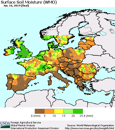 Europe Surface Soil Moisture (WMO) Thematic Map For 6/10/2019 - 6/16/2019