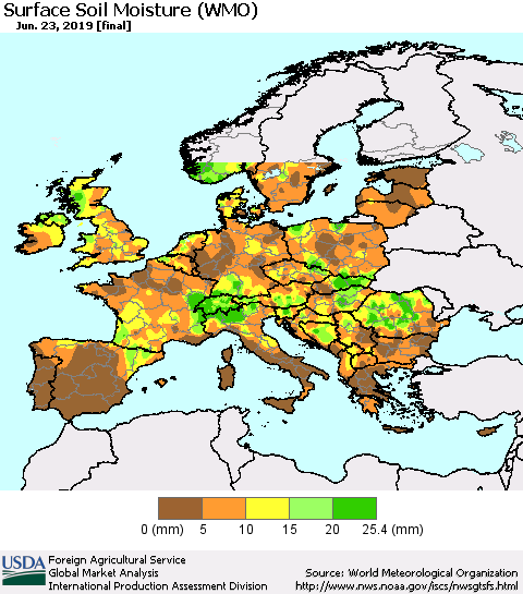 Europe Surface Soil Moisture (WMO) Thematic Map For 6/17/2019 - 6/23/2019