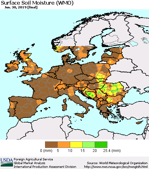 Europe Surface Soil Moisture (WMO) Thematic Map For 6/24/2019 - 6/30/2019