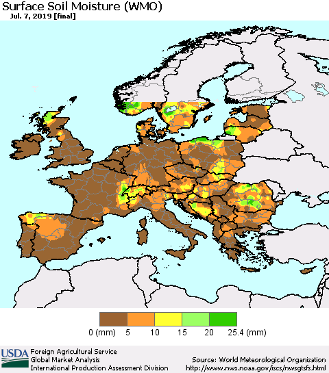 Europe Surface Soil Moisture (WMO) Thematic Map For 7/1/2019 - 7/7/2019