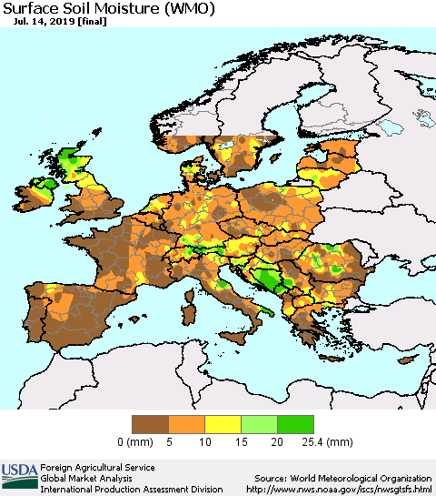 Europe Surface Soil Moisture (WMO) Thematic Map For 7/8/2019 - 7/14/2019