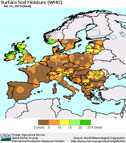 Europe Surface Soil Moisture (WMO) Thematic Map For 7/15/2019 - 7/21/2019