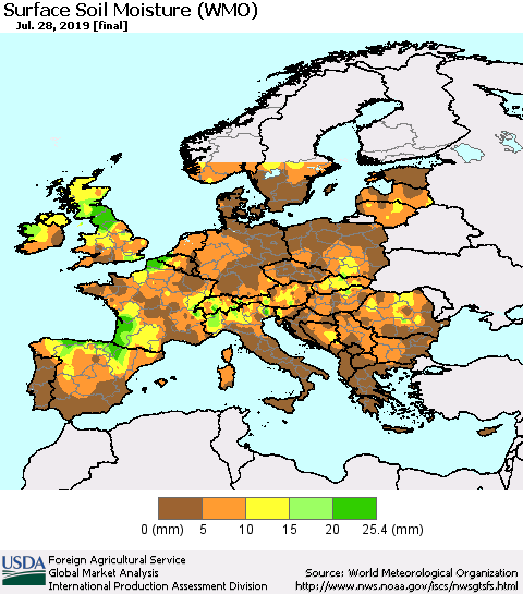 Europe Surface Soil Moisture (WMO) Thematic Map For 7/22/2019 - 7/28/2019