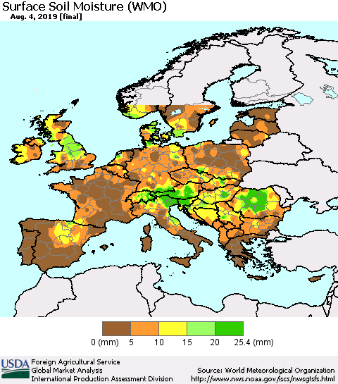 Europe Surface Soil Moisture (WMO) Thematic Map For 7/29/2019 - 8/4/2019