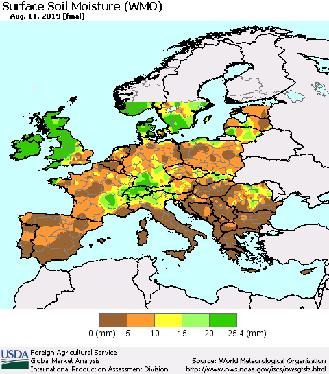 Europe Surface Soil Moisture (WMO) Thematic Map For 8/5/2019 - 8/11/2019