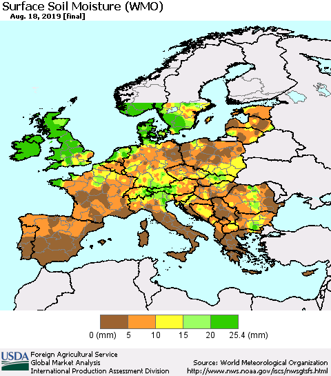 Europe Surface Soil Moisture (WMO) Thematic Map For 8/12/2019 - 8/18/2019
