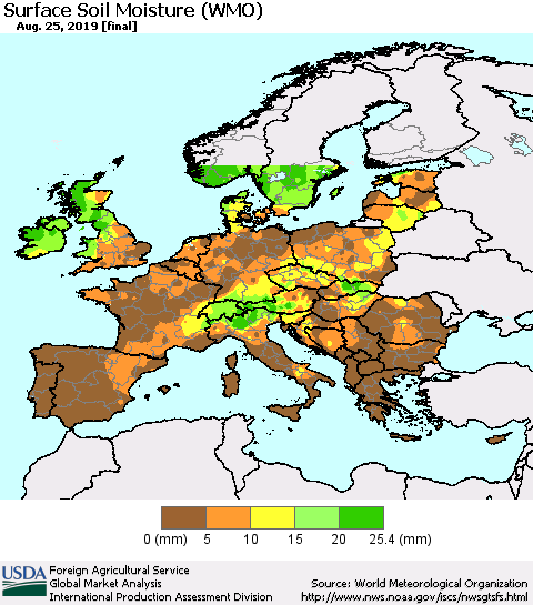 Europe Surface Soil Moisture (WMO) Thematic Map For 8/19/2019 - 8/25/2019