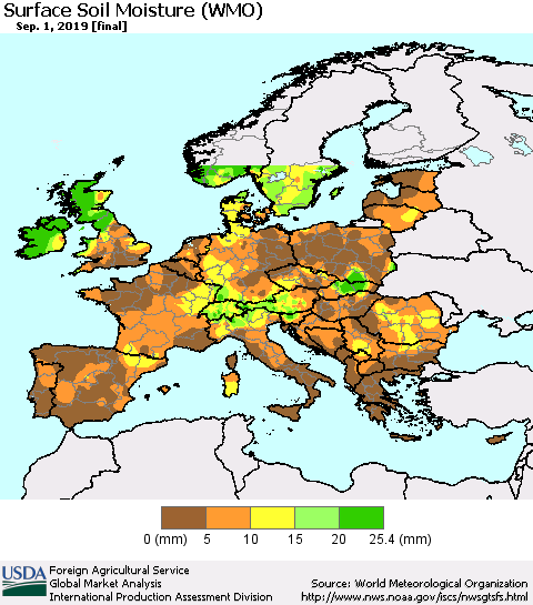 Europe Surface Soil Moisture (WMO) Thematic Map For 8/26/2019 - 9/1/2019