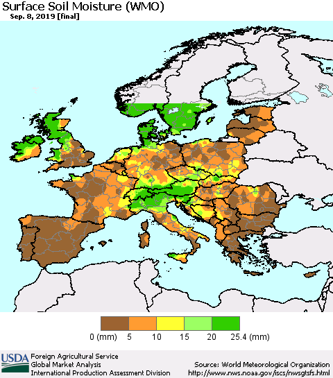 Europe Surface Soil Moisture (WMO) Thematic Map For 9/2/2019 - 9/8/2019