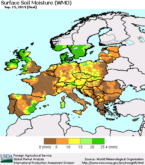 Europe Surface Soil Moisture (WMO) Thematic Map For 9/9/2019 - 9/15/2019