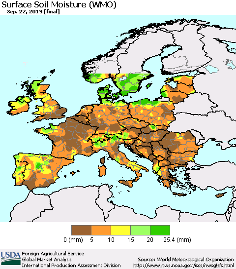 Europe Surface Soil Moisture (WMO) Thematic Map For 9/16/2019 - 9/22/2019
