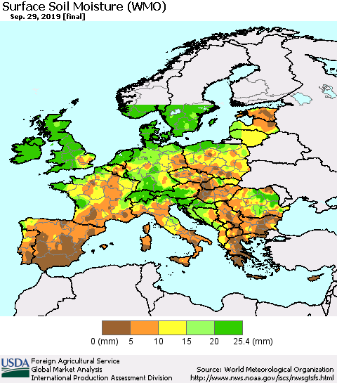 Europe Surface Soil Moisture (WMO) Thematic Map For 9/23/2019 - 9/29/2019