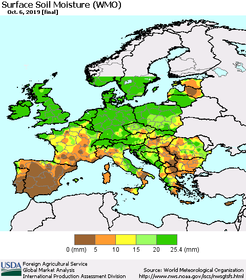 Europe Surface Soil Moisture (WMO) Thematic Map For 9/30/2019 - 10/6/2019